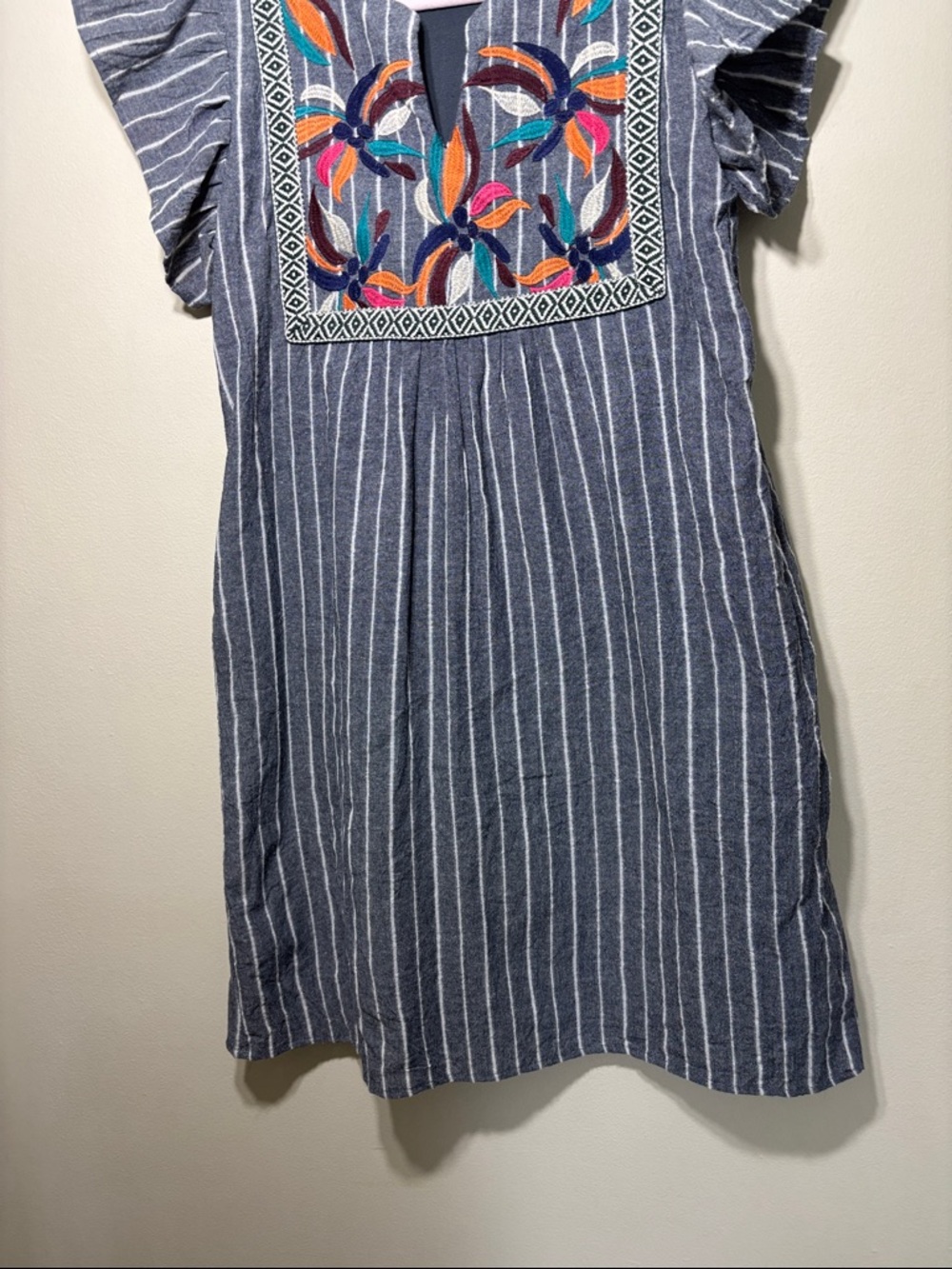 Striped Embroidered Mini Dress - Gray with Multicolor Floral Yoke - Picture 2 of 5